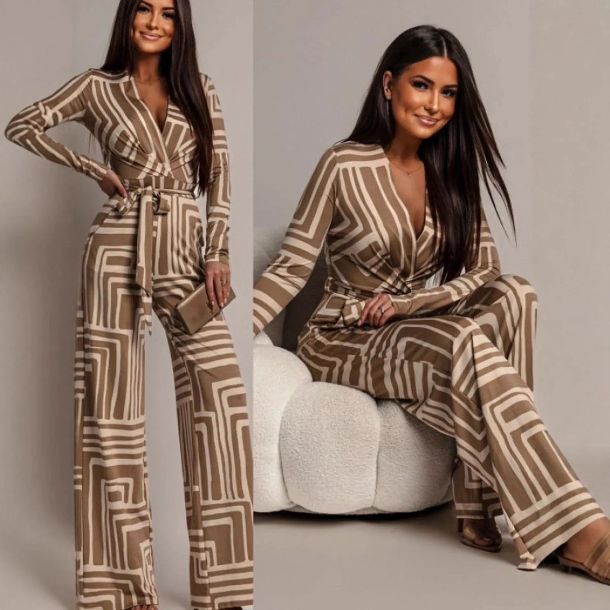 Vue dos combinaison pantalon femme taupe et blanc SecretBombe