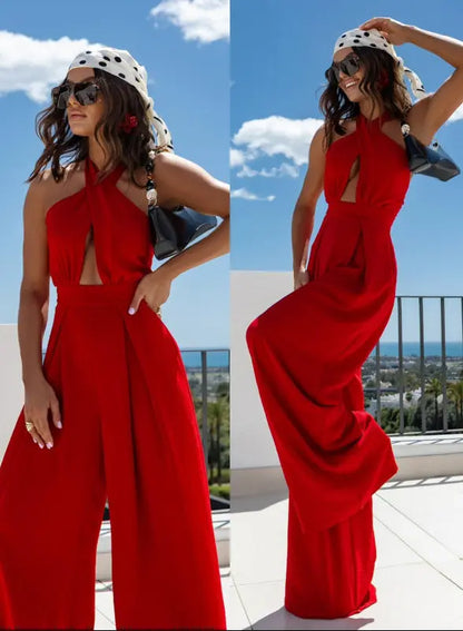 Combinaison pantalon rouge femme à coupe fluide pour l’été SecretBombe