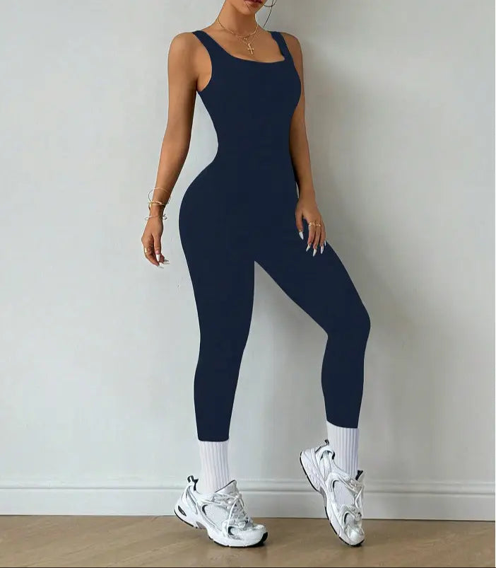 Combinaison de sport sculptante bleue, coupe ajustée et extensible