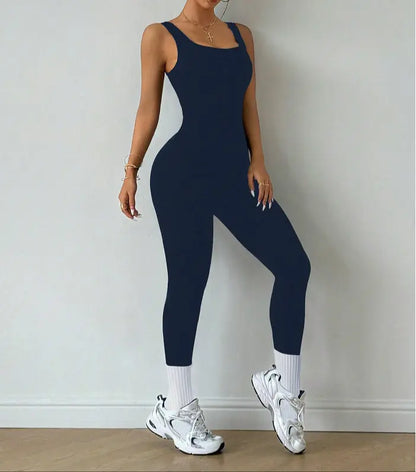 Combinaison de sport sculptante bleue, coupe ajustée et extensible