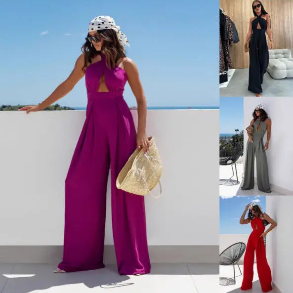 Combinaison femme violette à décolleté profond et pantalon fluide SecretBombe