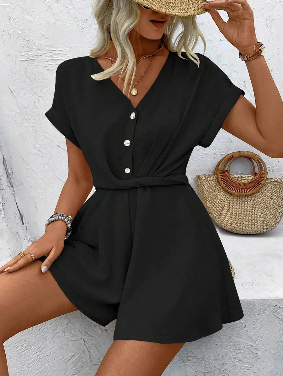 Combishort noir femme bas évasé style fluide, parfait look estival