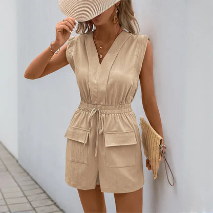 Combishort femme fluide beige, manches courtes col V et taille mi-haute élastiquée