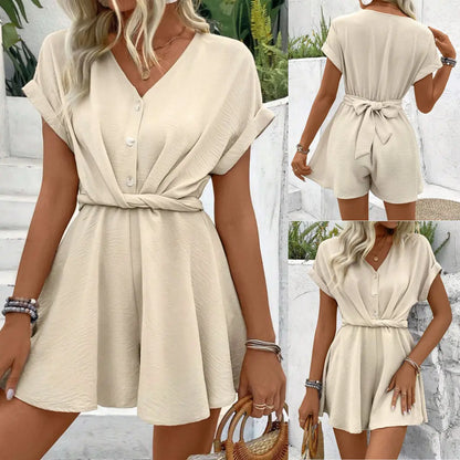 Combishort beige femme à taille haute nouée, manches courtes retroussées