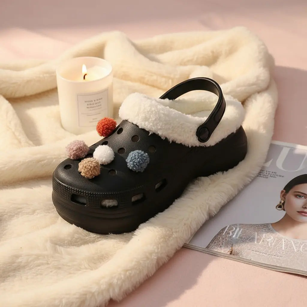 Crocs fourrées noires à pompons – sabots chauds et élégants femme SecretBombe