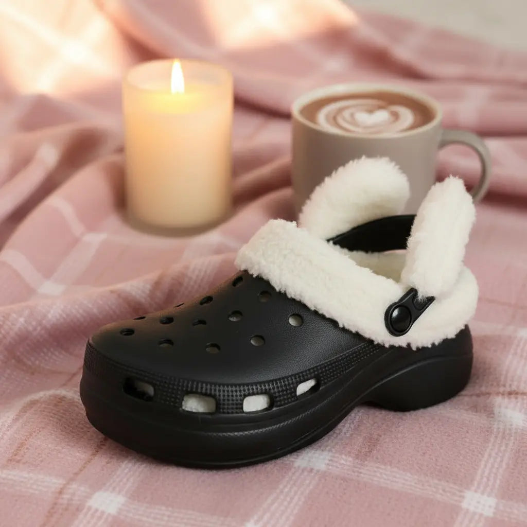 Crocs noires à oreilles – pantoufles amusantes et chaudes pour femme
