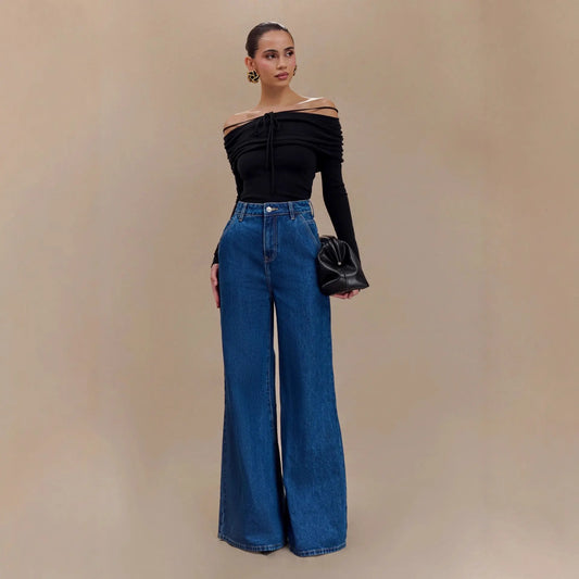 Pantalon wide leg en denim bleu pour femme – secretbombe