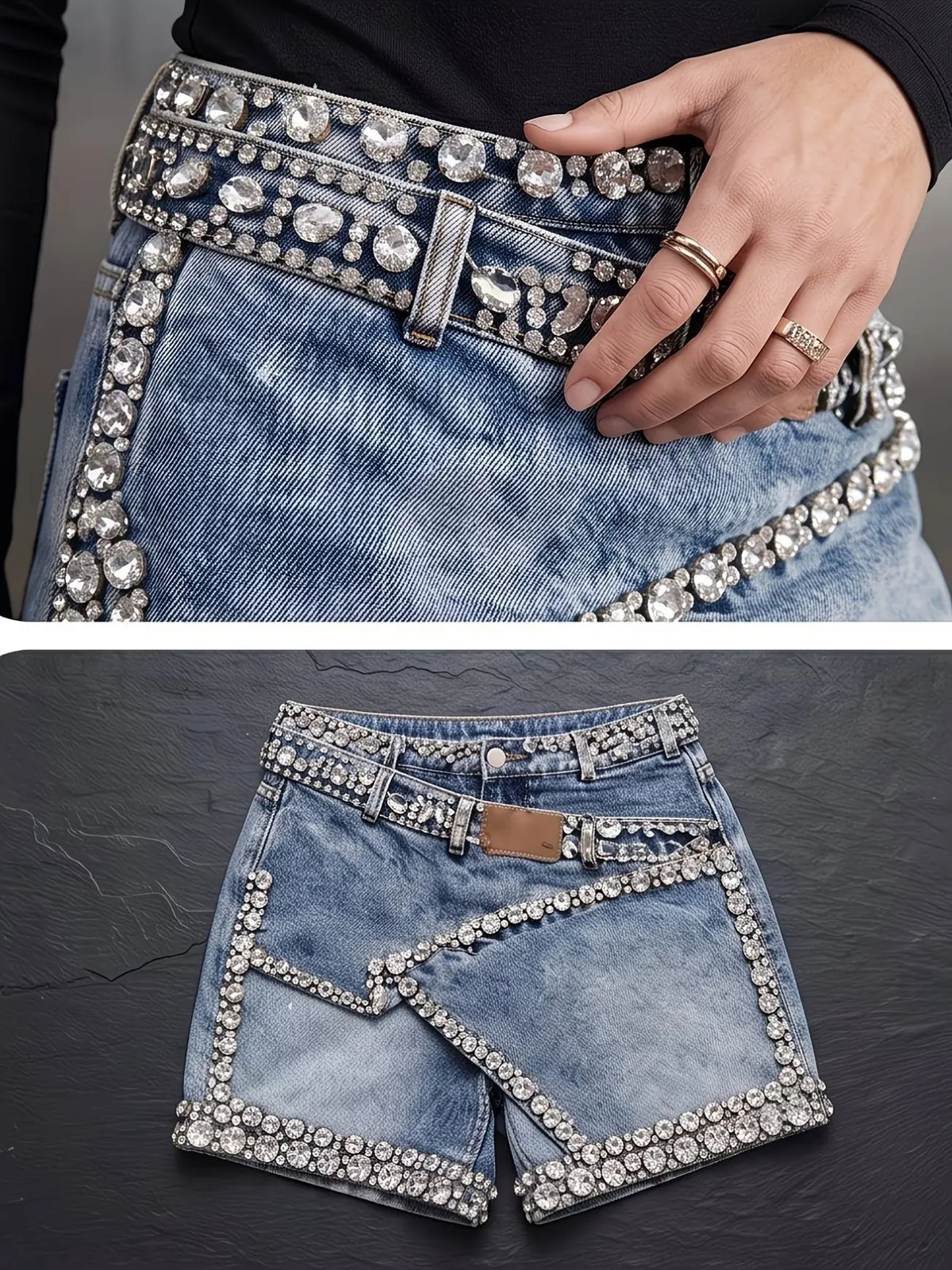 Détail des strass argentés sur le short-jupe en jean femme SecretBombe