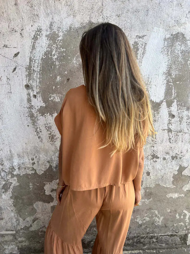 Ensemble orange femme, coupe fluide et taille élastiquée avec lien