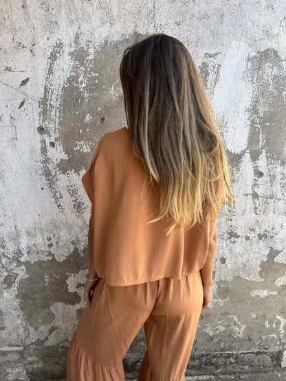 Ensemble orange femme, coupe fluide et taille élastiquée avec lien