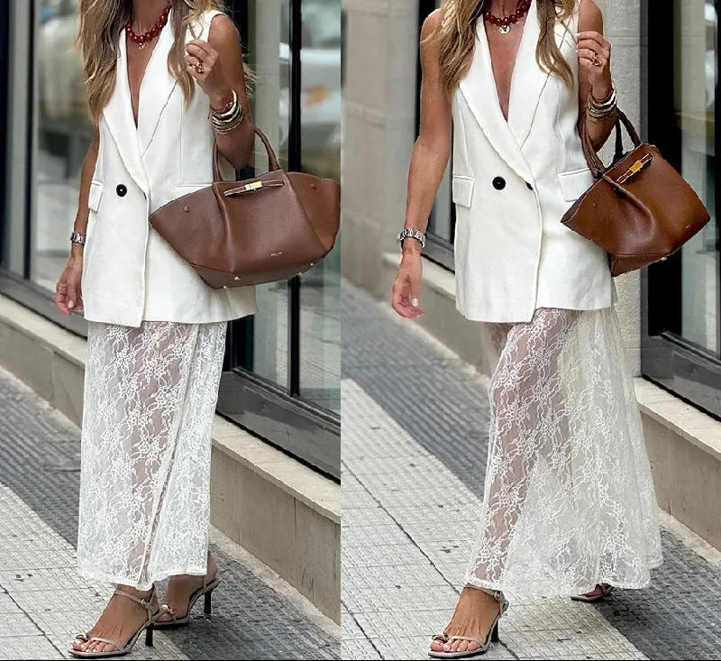Ensemble blanc femme avec gilet sans manches et jupe longue ajourée SecretBombe