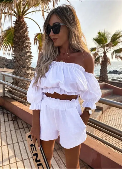 Ensemble bustier blanc à volants avec short assorti pour femme SecretBombe.