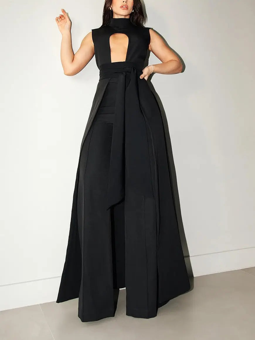 Ensemble femme noir, top longline col plongeant et pantalon fluide à jambes larges