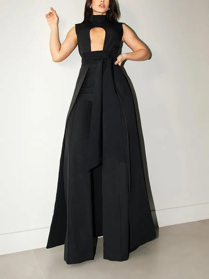 Ensemble femme noir, top longline col plongeant et pantalon fluide à jambes larges