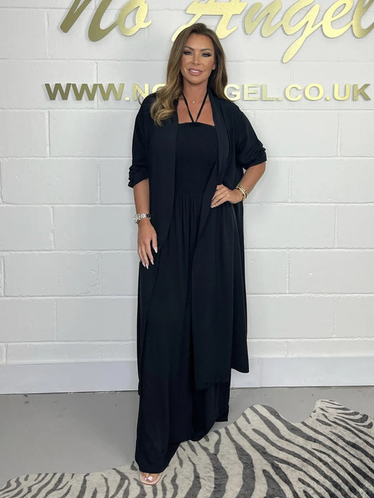 Ensemble femme combinaison pantalon noir avec gilet long élégant SecretBombe