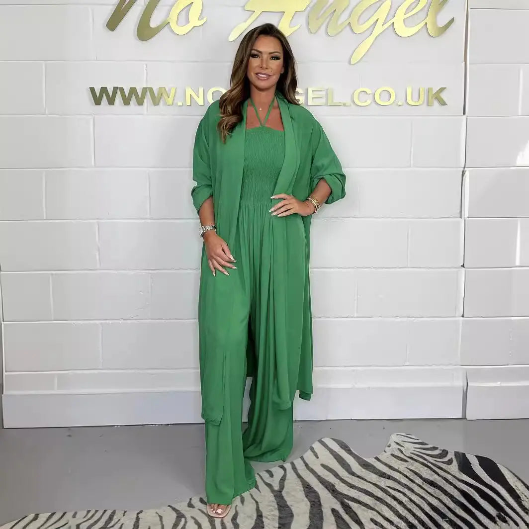 Ensemble femme vert combinaison droite et gilet long fluide SecretBombe