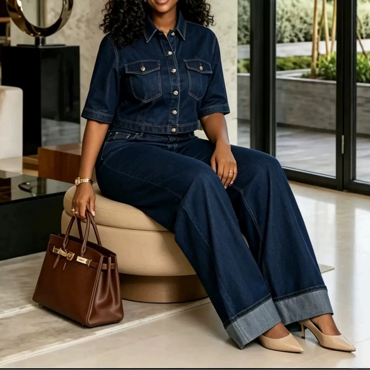 Ensemble deux pièces femme en denim bleu foncé avec chemise boutonnée et pantalon large SecretBombe