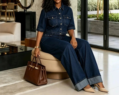 Ensemble deux pièces femme en denim bleu foncé avec chemise boutonnée et pantalon large SecretBombe