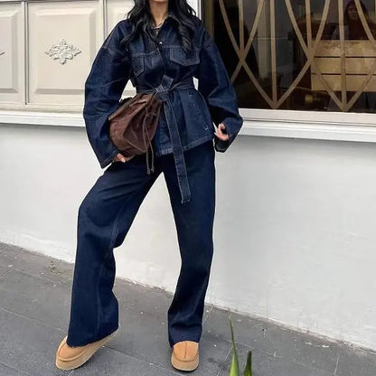 Ensemble denim femme deux pièces avec veste à ceinture et pantalon large SecretBombe