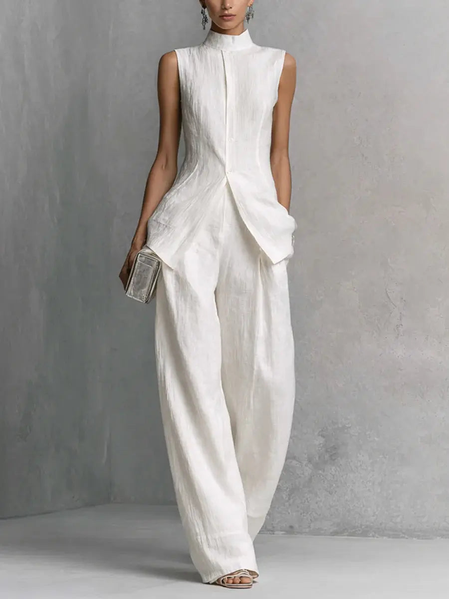 Ensemble deux pièces femme blanc avec haut asymétrique et pantalon ample SecretBombe