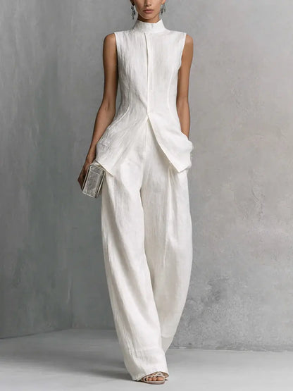Ensemble deux pièces femme blanc avec haut asymétrique et pantalon ample SecretBombe