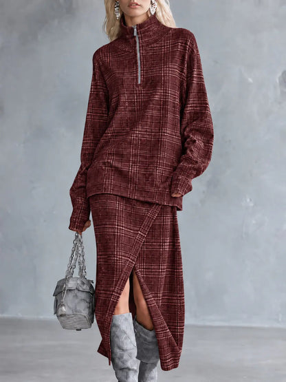 Ensemble deux pièces femme bordeaux à carreaux avec jupe longue SecretBombe