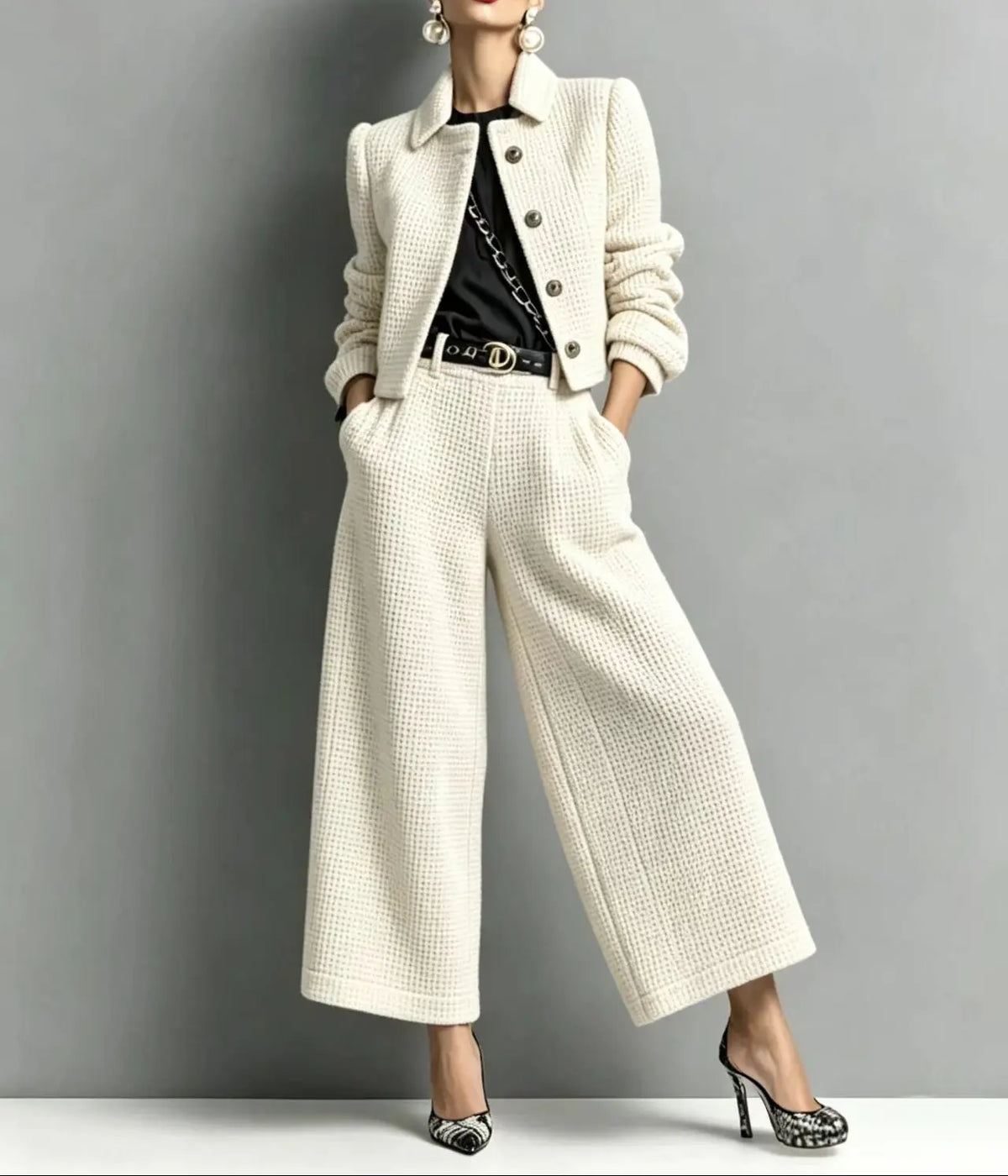 Ensemble femme blanc à pantalon large et veste boutonnée pour un look chic SecretBombe