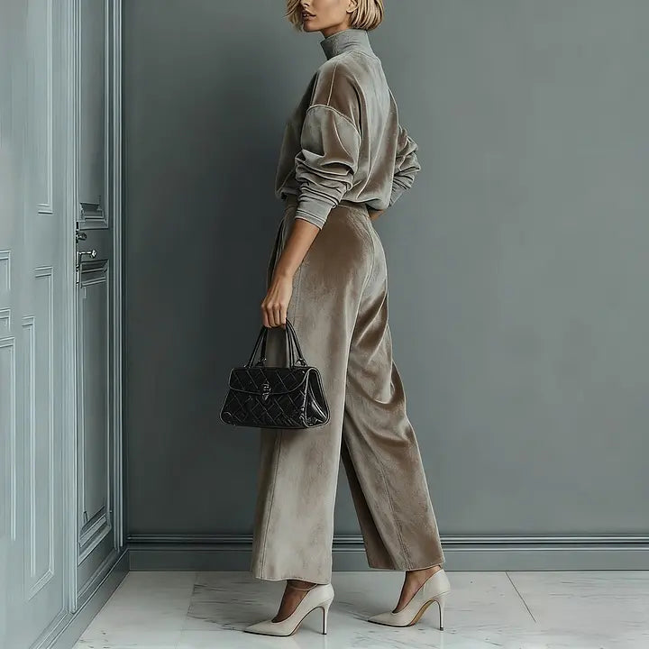 Vue de profil de l'ensemble femme taupe effet velours SecretBombe