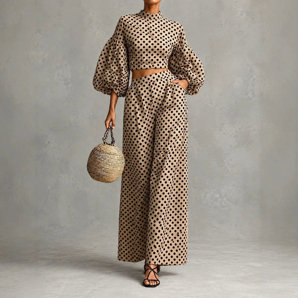 Ensemble femme beige à pois noirs avec haut court et pantalon large SecretBombe