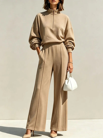 Ensemble femme beige avec sweat à manches longues et pantalon ample SecretBombe