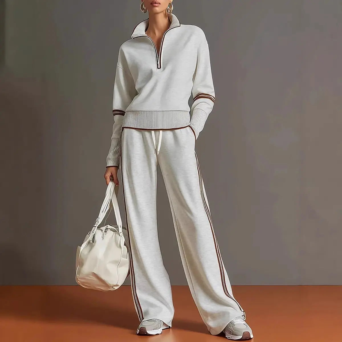 Ensemble femme blanc avec sweat zippé et pantalon large SecretBombe