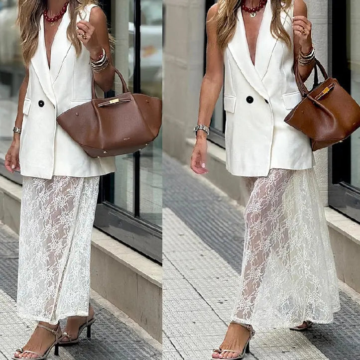 Ensemble femme blanc deux pièces avec gilet sans manches et jupe longue en dentelle SecretBombe