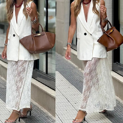 Ensemble femme blanc deux pièces avec gilet sans manches et jupe longue en dentelle SecretBombe