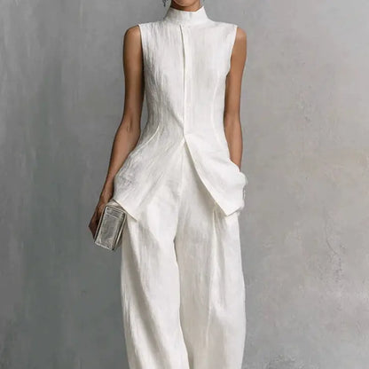Ensemble deux pièces femme blanc avec haut asymétrique et pantalon ample SecretBombe
