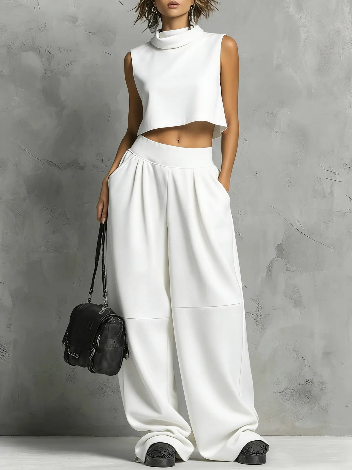 Ensemble femme blanc avec haut court et pantalon large pour un look décontracté SecretBombe