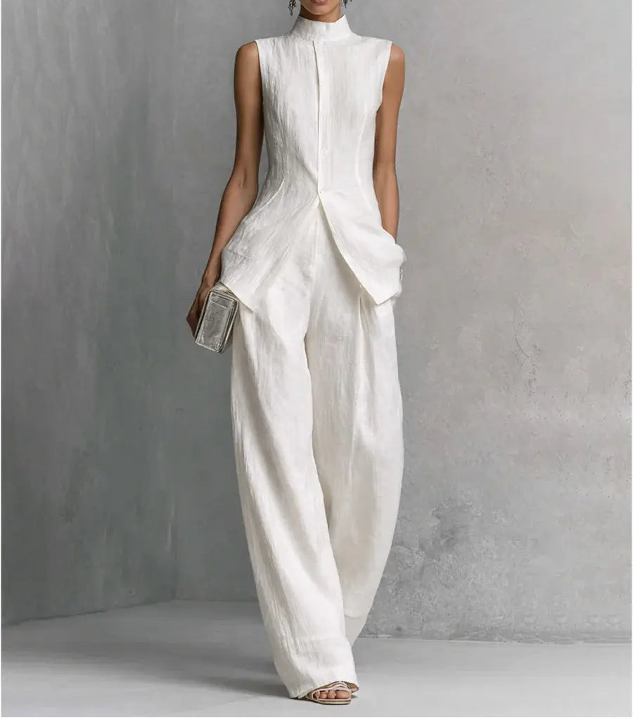 Ensemble femme blanc deux pièces avec pantalon large et haut asymétrique SecretBombe