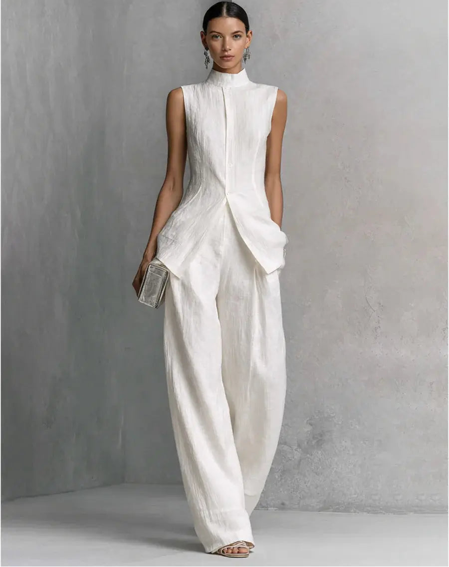 Ensemble femme blanc avec haut sans manches et pantalon large pour un look chic SecretBombe