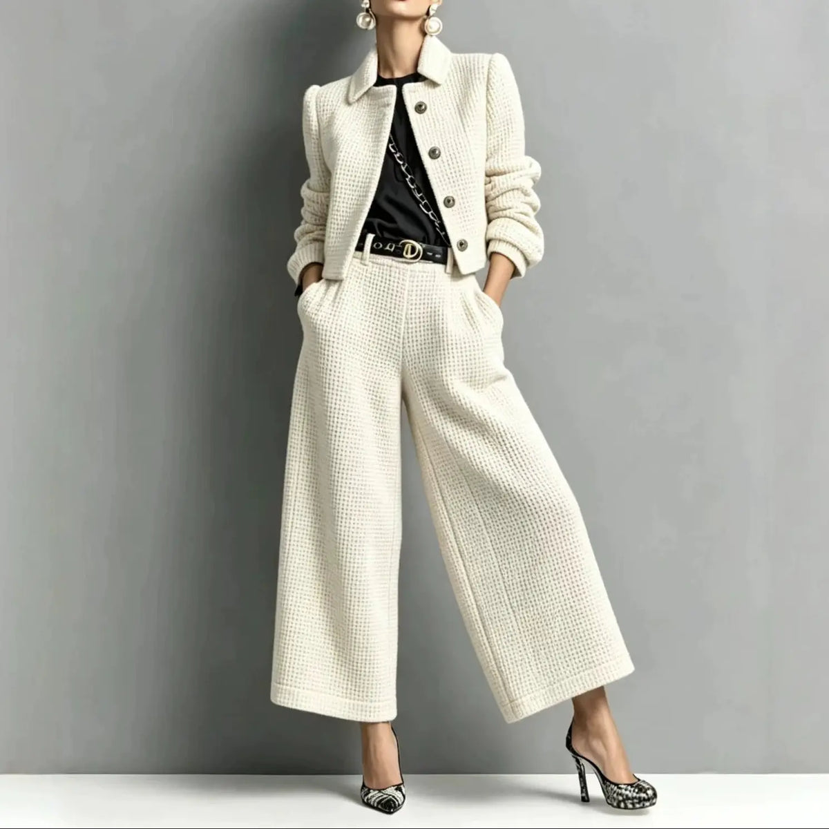Ensemble femme blanc deux pièces avec veste courte boutonnée et pantalon large SecretBombe