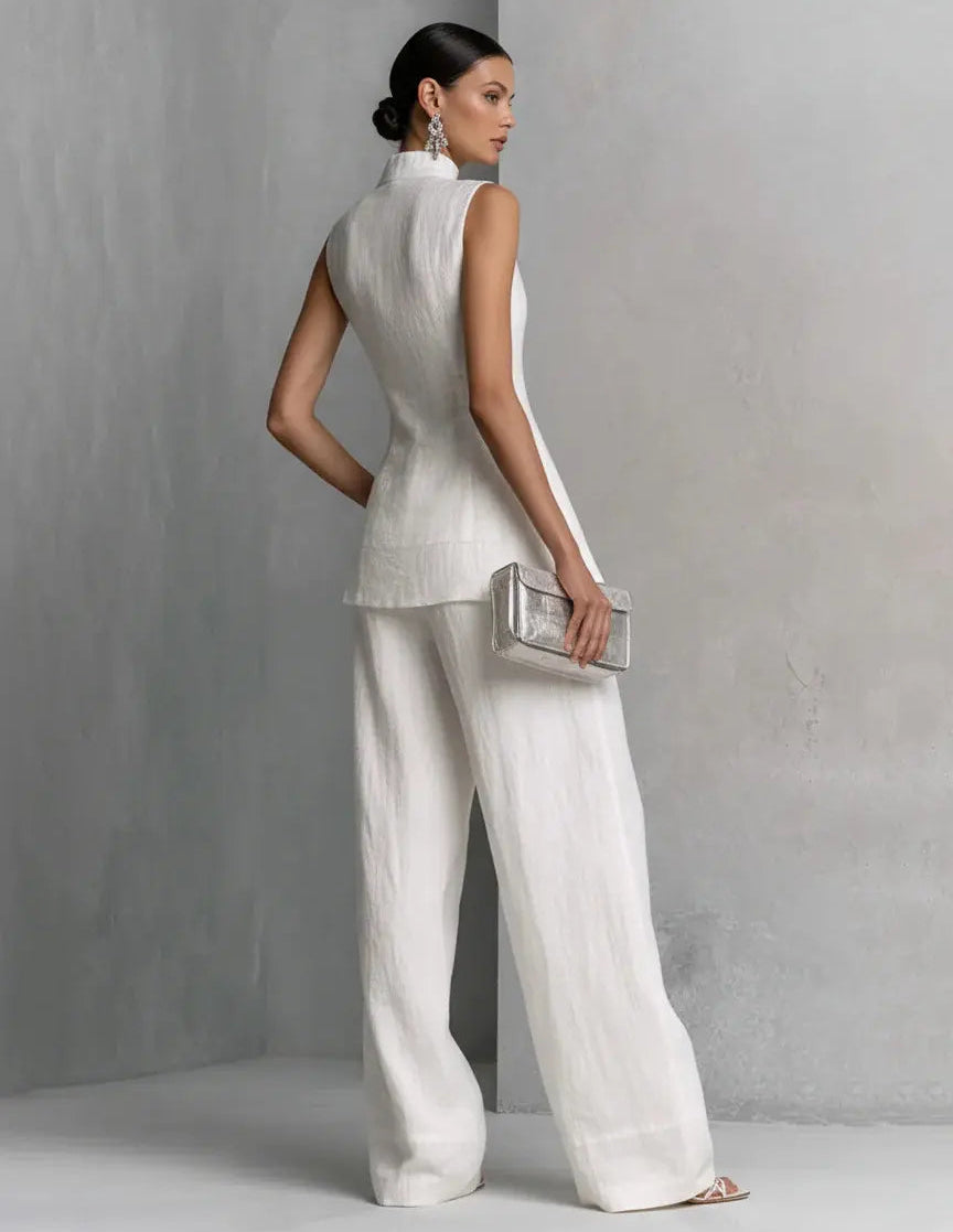 Vue arrière de l'ensemble femme blanc avec haut sans manches et pantalon large SecretBombe