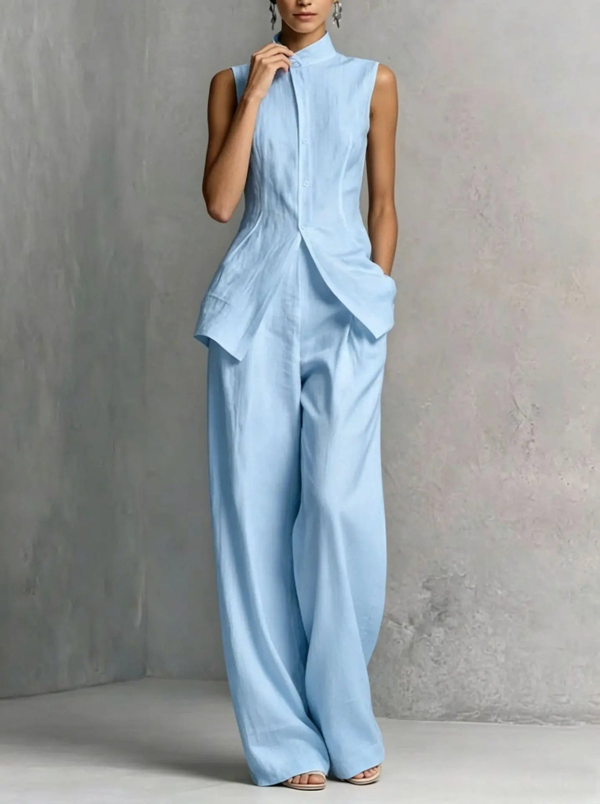 Ensemble femme bleu ciel avec haut sans manches et pantalon large SecretBombe