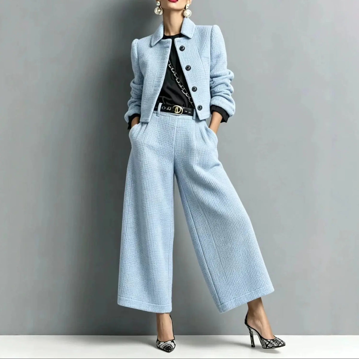 Ensemble femme bleu ciel avec veste courte et pantalon large SecretBombe