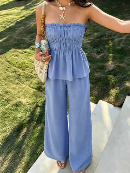 Ensemble deux pièces femme bleu clair avec haut bustier et pantalon ample SecretBombe