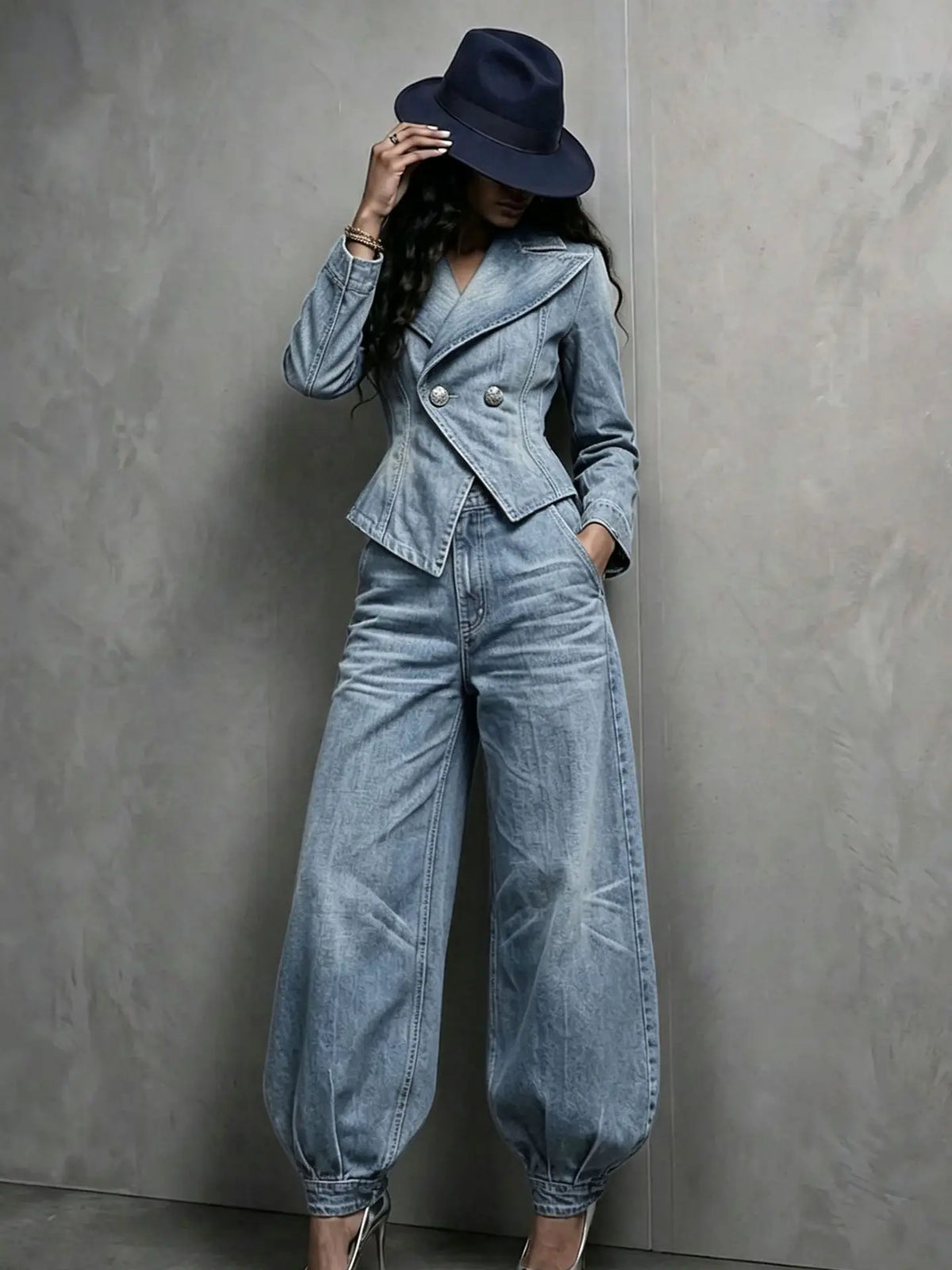 Tailleur pantalon femme bleu clair avec veste cintrée et pantalon ample SecretBombe