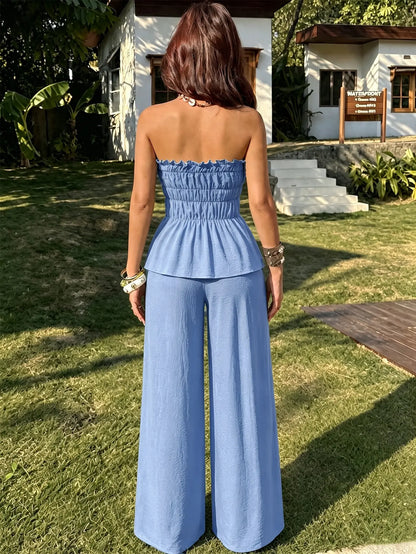 Vue arrière de l'ensemble femme bleu clair avec bustier froncé et pantalon large SecretBombe