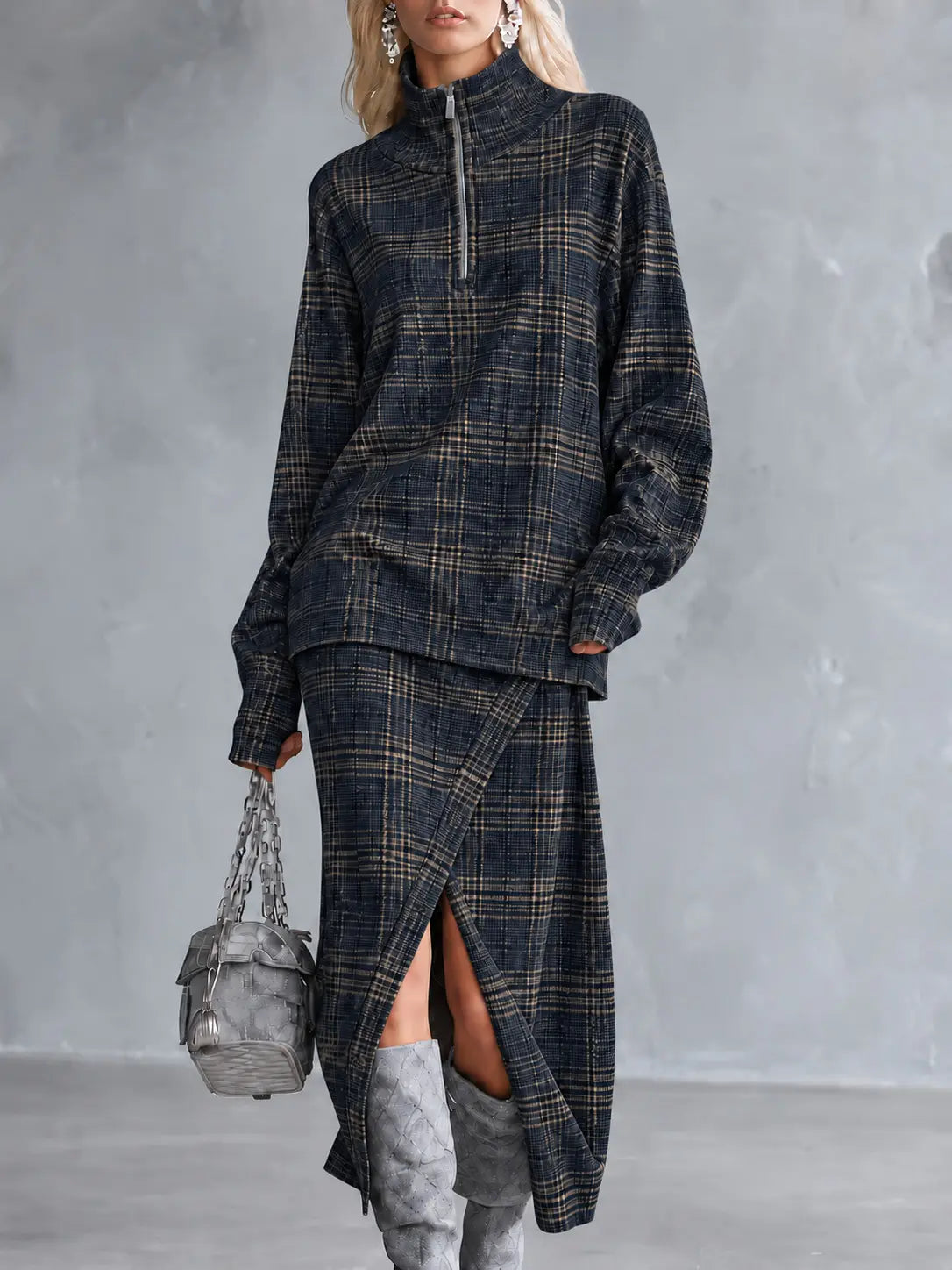 Ensemble femme bleu marine à carreaux avec haut ample et jupe longue SecretBombe