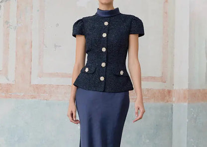Ensemble deux pièces femme bleu marine avec haut à manches courtes et jupe longue SecretBombe