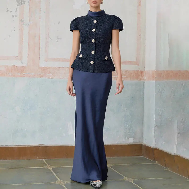 Ensemble deux pièces femme bleu marine avec haut à manches courtes et jupe longue SecretBombe