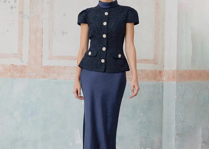 Ensemble deux pièces femme bleu marine avec haut à manches courtes et jupe longue SecretBombe