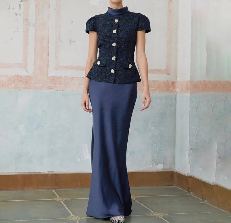 Ensemble deux pièces femme bleu marine avec haut à manches courtes et jupe longue SecretBombe