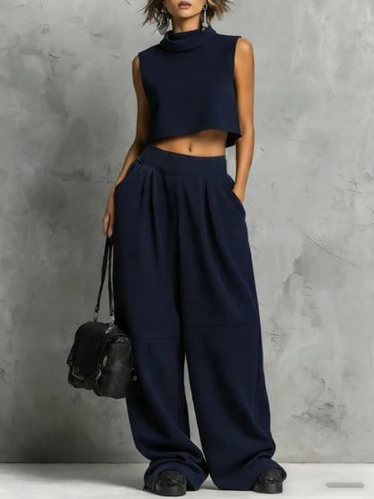 Ensemble femme bleu marine avec haut sans manches et pantalon large SecretBombe